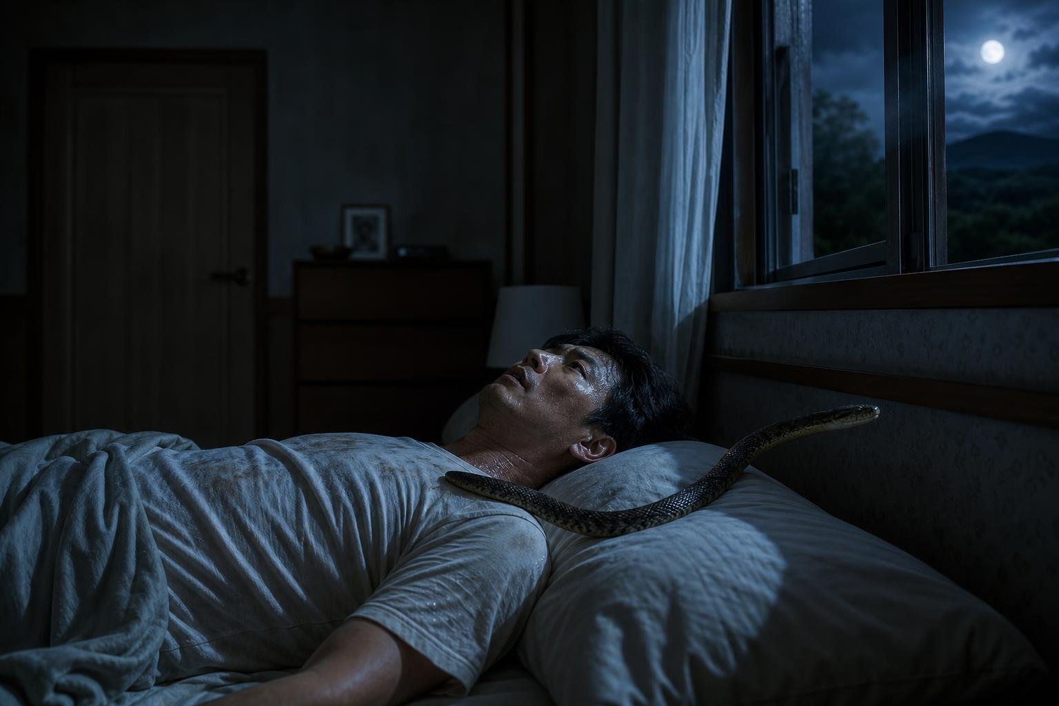 달빛이 드는 침실에서 아버지가 몸을 굳힌 채 누워 있고, 뱀이 가슴 위를 지나 열린 창문 쪽으로 기어가는 모습.