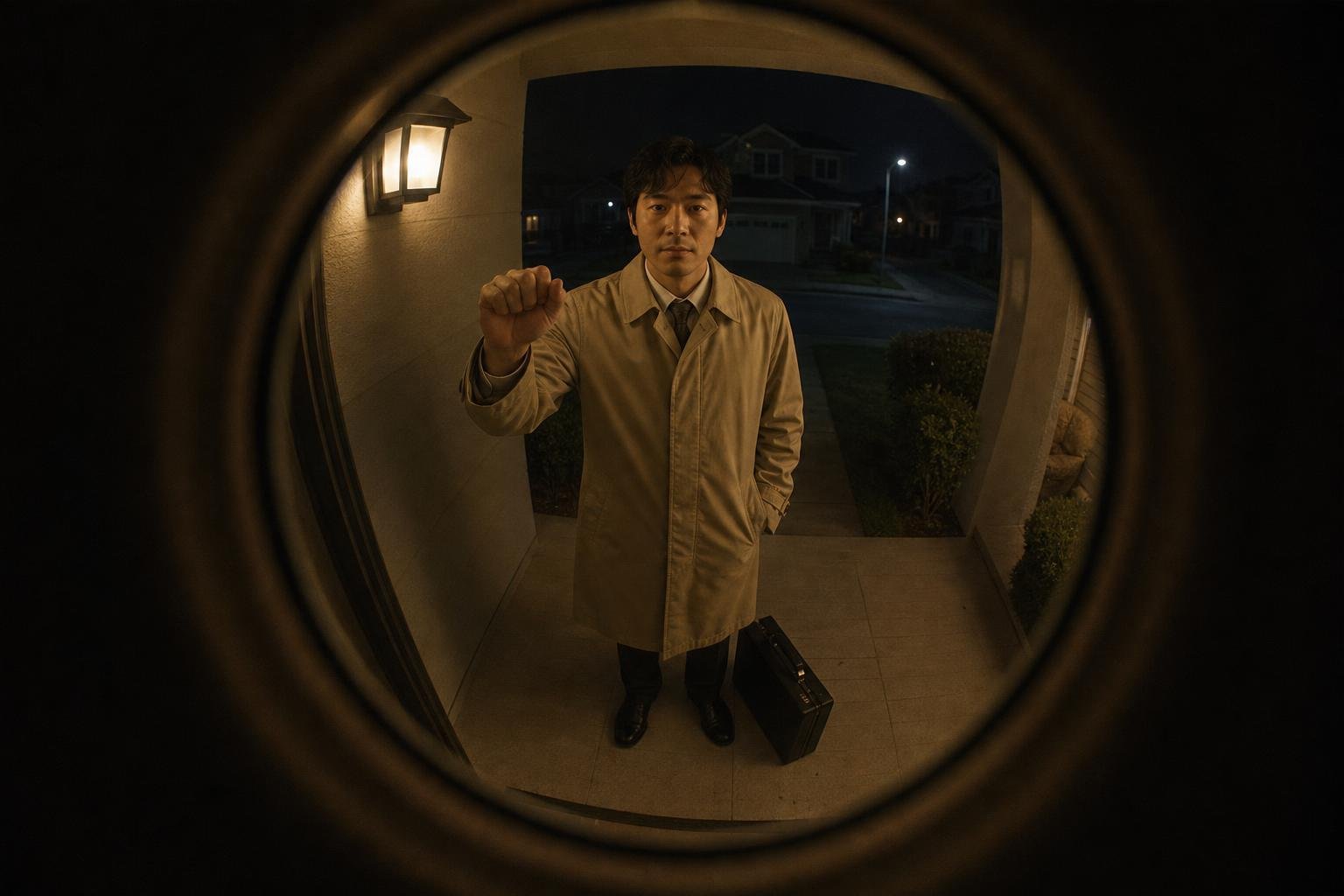 늦은 밤 현관문 구멍 너머로 보이는, 서류 가방을 내려놓고 문을 두드리는 연갈색 코트 차림의 남자.